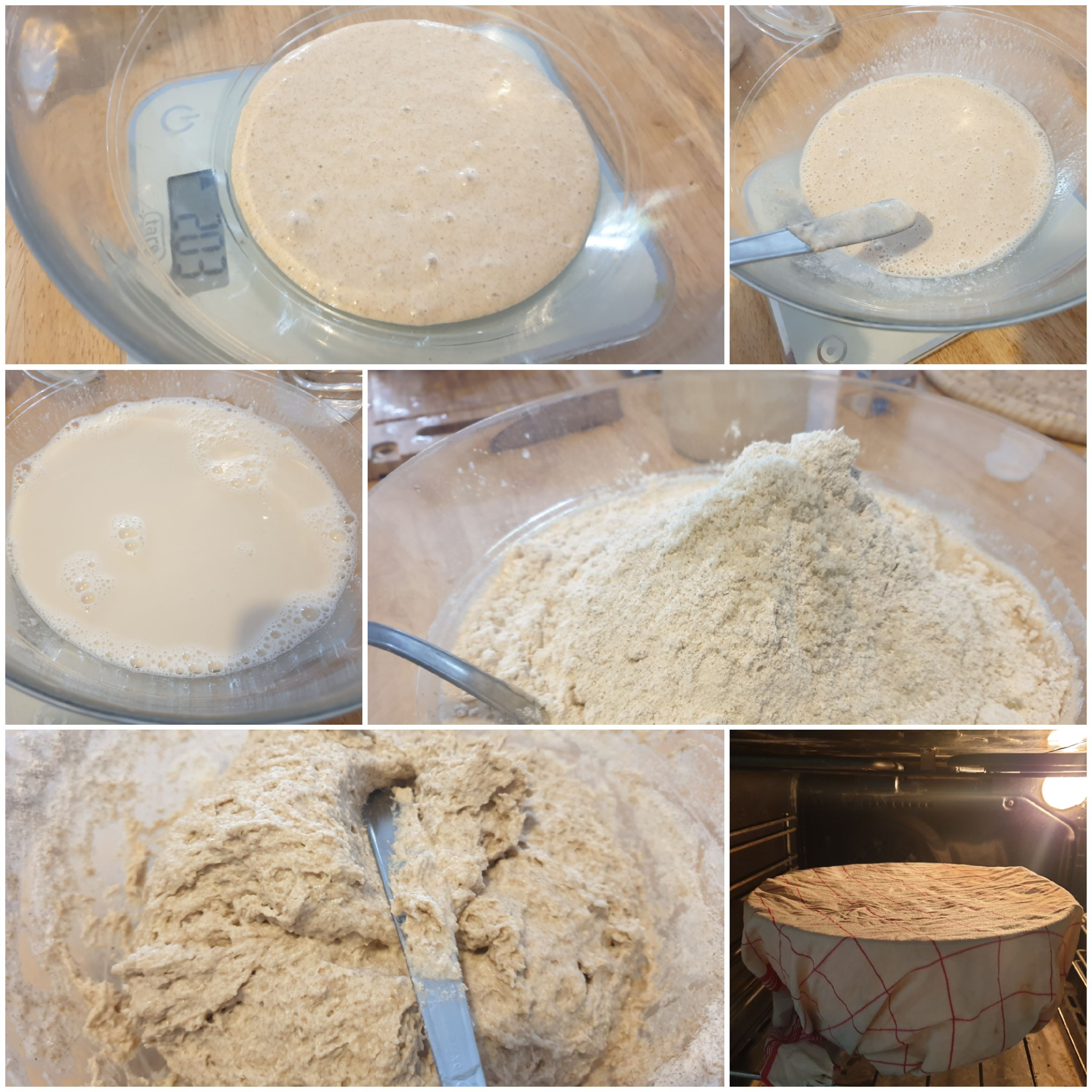 Préparation : le levain, avec un peu d'eau, avec toute l'eau, ajout de farine et sel, mélange, levée